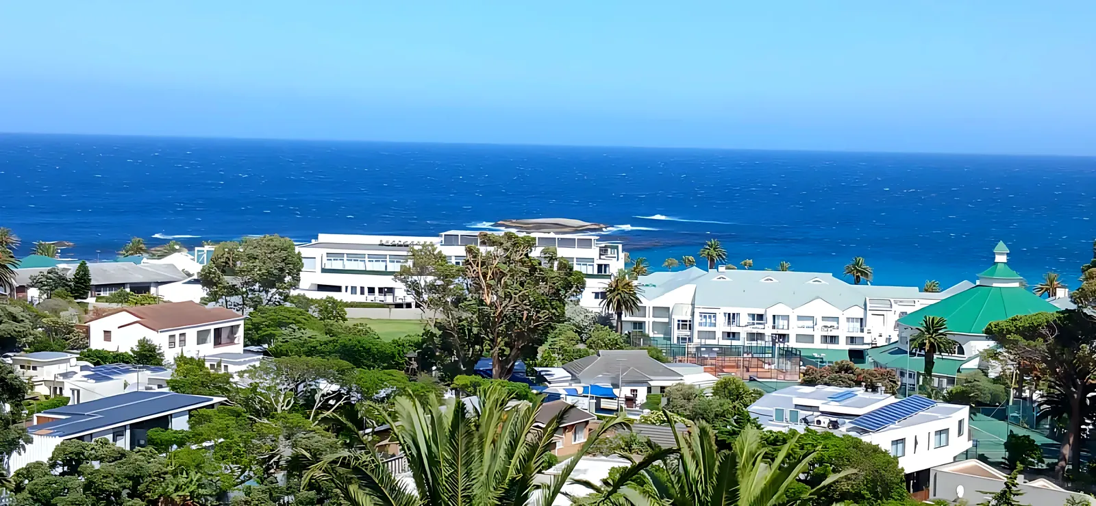 Camps Bay beach, palm trees and the Atlantic